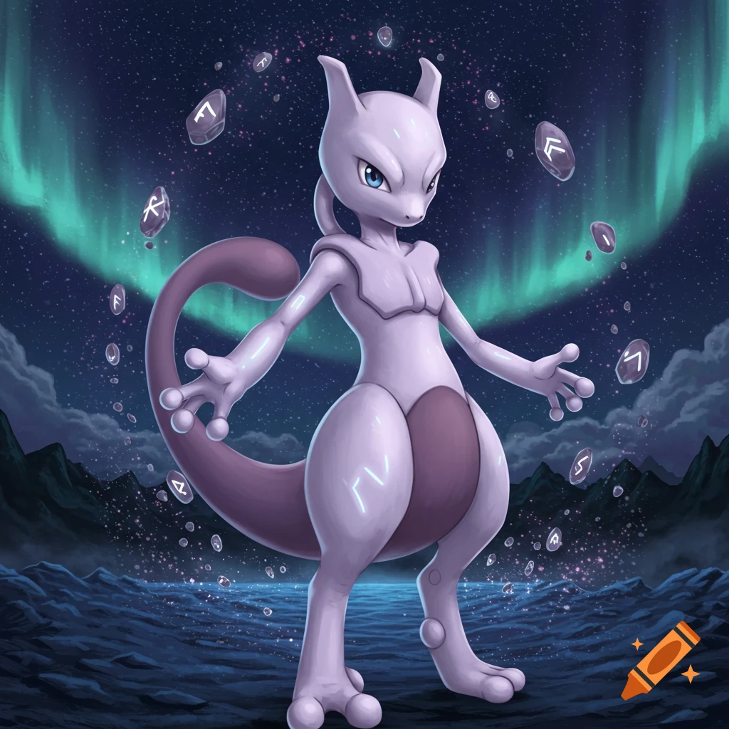 Purple Mewtwo stands on dark water under a night sky with a green aurora and floating glowing runes.