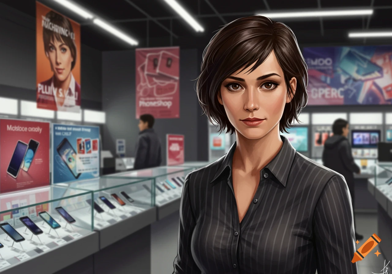 Digital art portrait of a woman with short dark hair in a striped shirt, smiling subtly. She is standing in a modern electronics store with phones displayed in glass cases and various posters in the background.