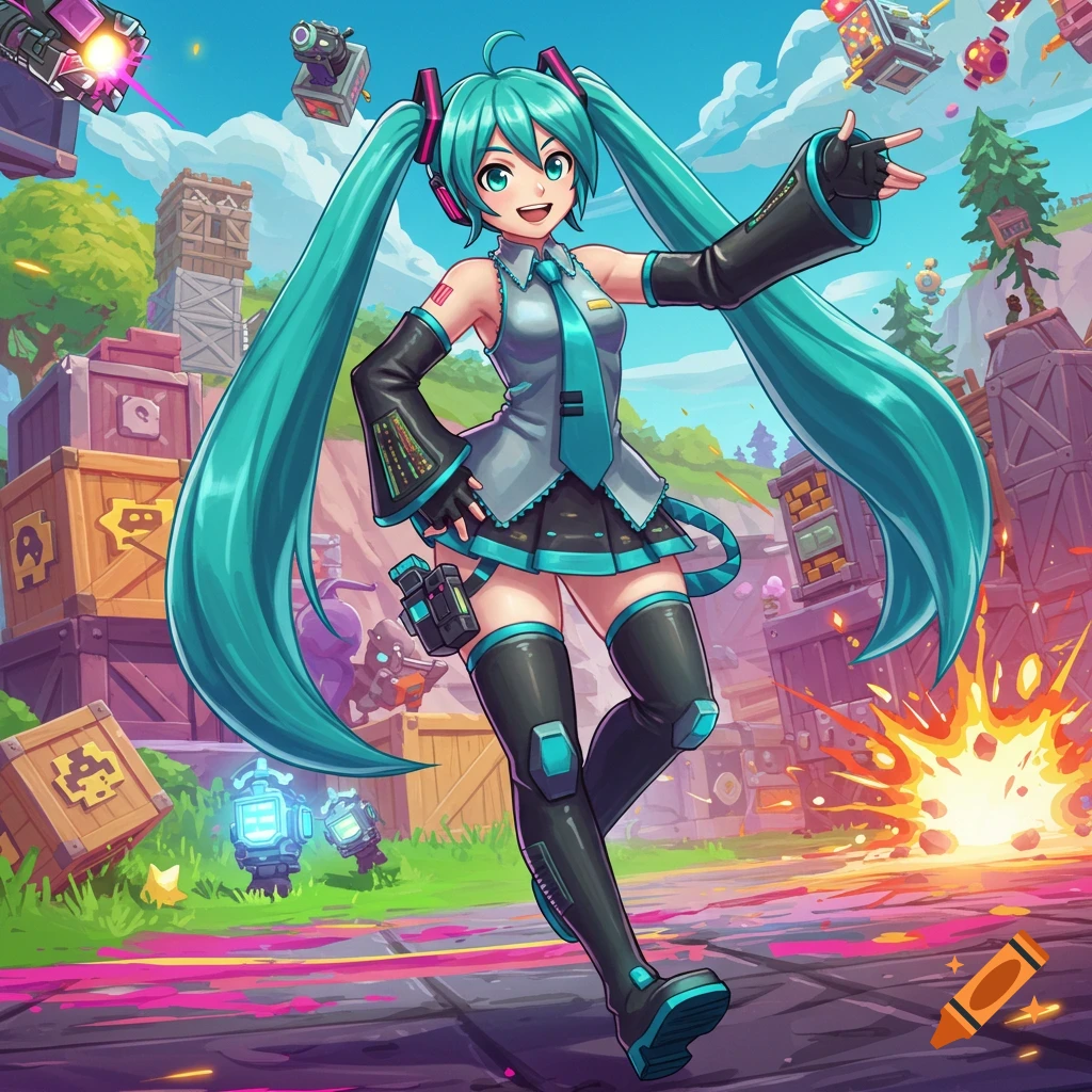 Vibrant anime illustration of Hatsune Miku posing in a colorful, action-packed Fortnite-like battleground with crates and explosions.