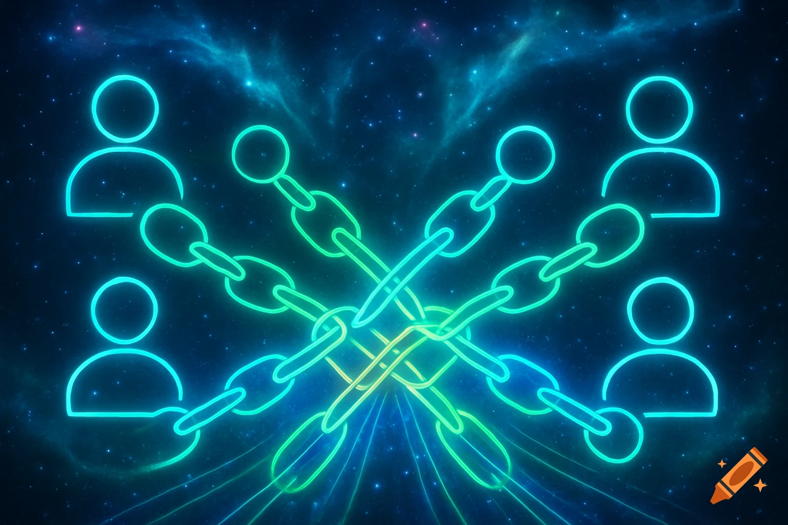 Glowing neon outline of four human figures connected by intertwining chains against a starry, deep blue space background.