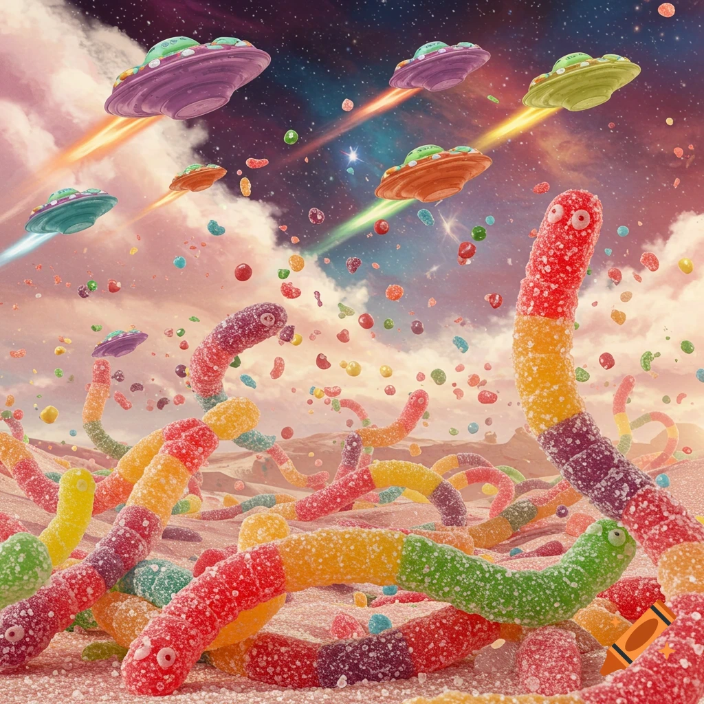 Vibrant fantasy battle with giant colorful gummy worms on a sugary landscape and Skittle-like UFOs flying in a starry sky.