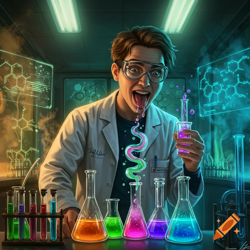 An excited cartoon scientist in a lab coat, goggles, and messy hair tastes a bubbling, colorful liquid from a test tube, with a trail of glowing goo dripping from his mouth into a flask below, surrounded by vibrant lab equipment and glowing chemical diagrams.