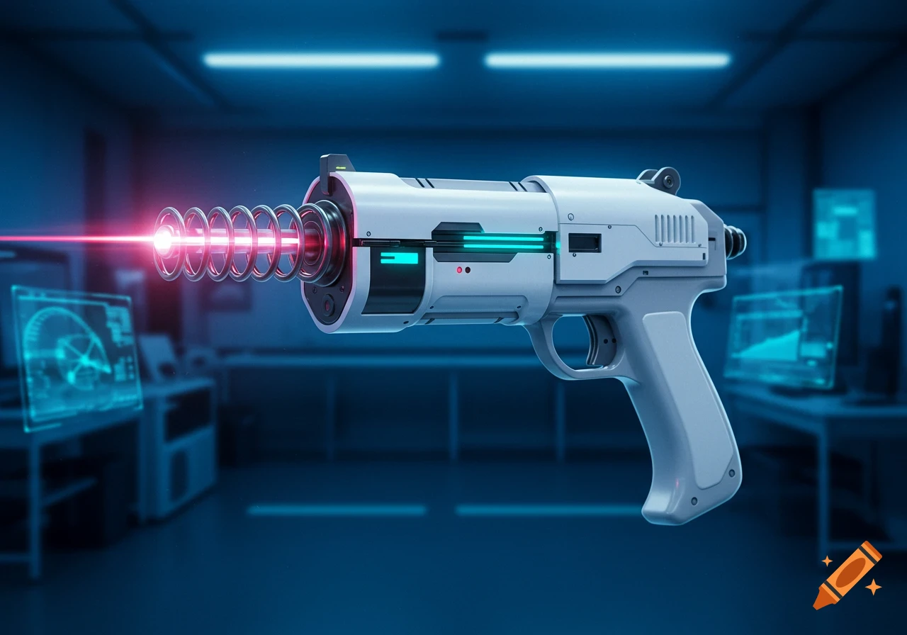 A white and gray futuristic ray gun firing a red laser beam in a blue-toned laboratory with glowing holographic screens.