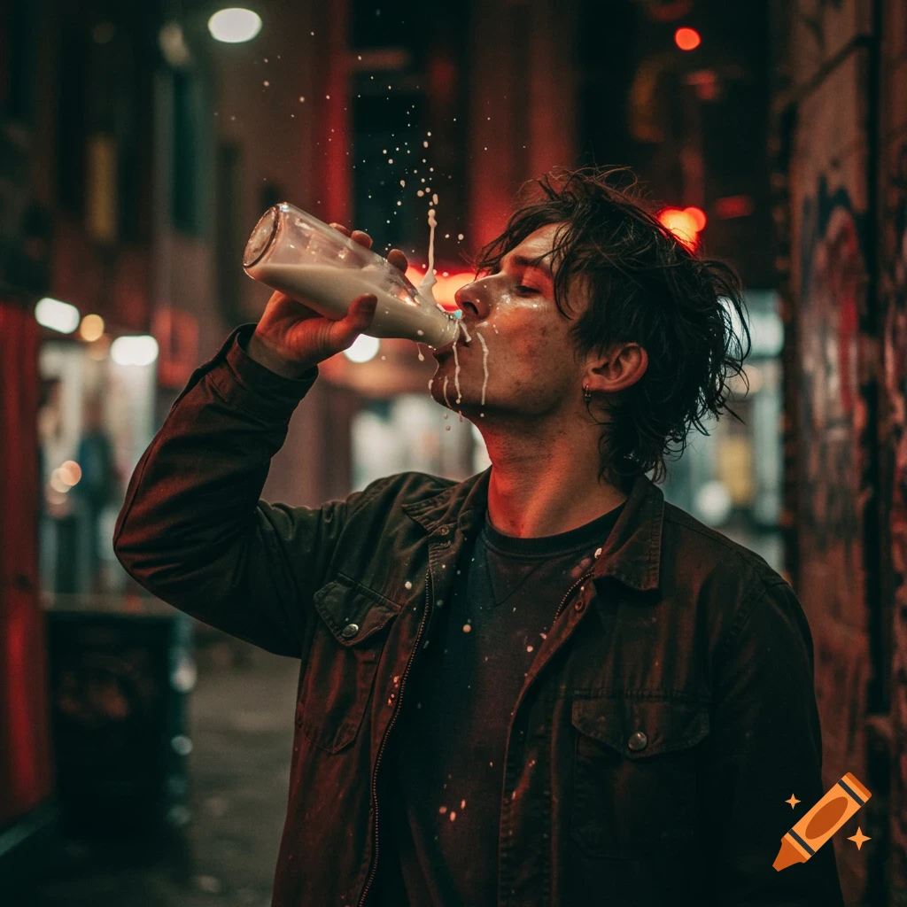 A person aggressively drinks from a milk bottle, spilling milk on their face and dark jacket, in a dimly lit urban setting with red lights.