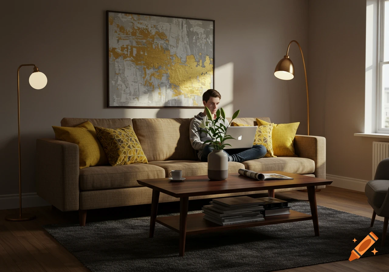 A photorealistic image of a person sitting on a sofa with a laptop in a cozy, modern living room.