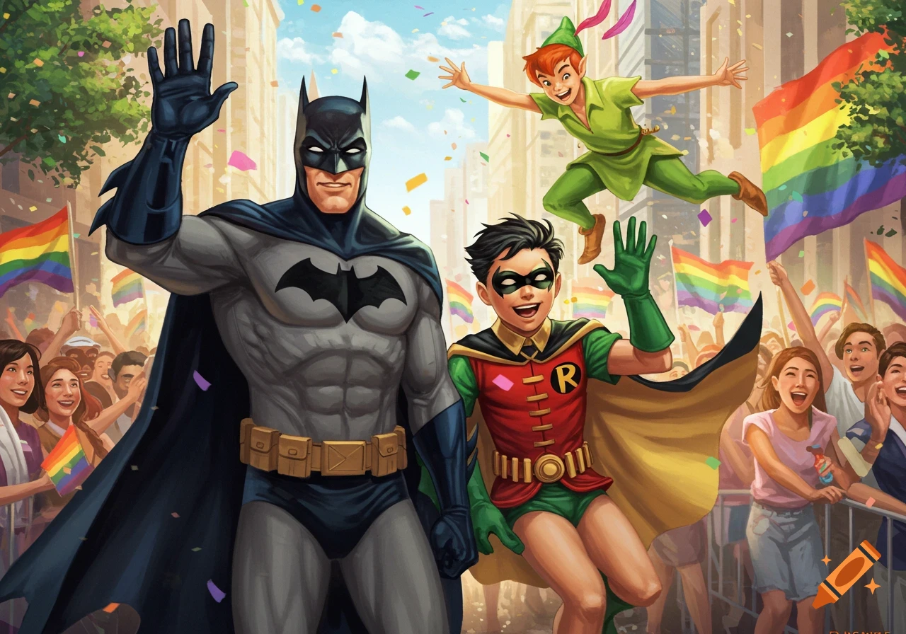 Batman, Robin, and Peter Pan wave to a cheerful crowd at a vibrant gay pride parade with rainbow flags and confetti.