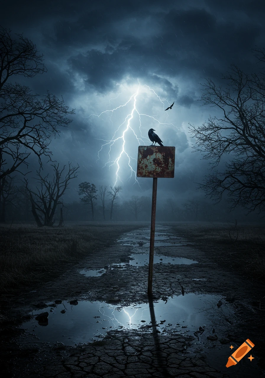 A black crow perches on a rusty signpost on a muddy path under a stormy sky with a bright lightning strike and bare trees.