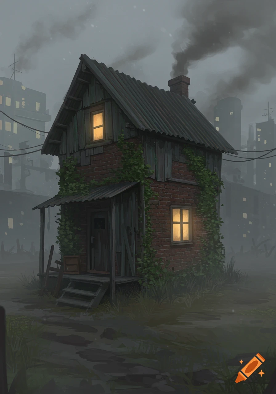 A dilapidated brick house with glowing windows and green vines stands in a foggy, polluted urban landscape with distant city buildings.