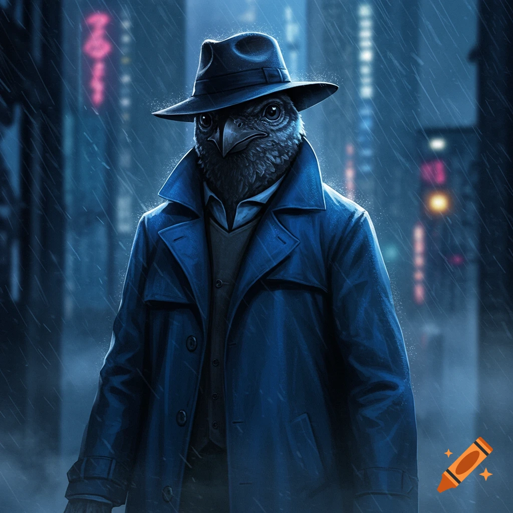 A bird-headed person in a blue trench coat and fedora walks down a dark, rainy city street with blurred neon lights.