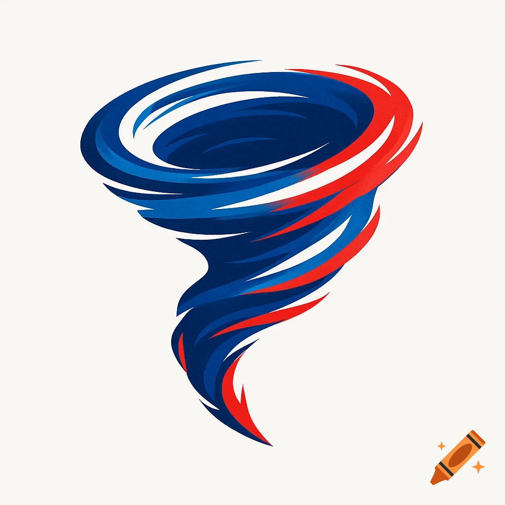 Stylized red and blue tornado logo against a white background.