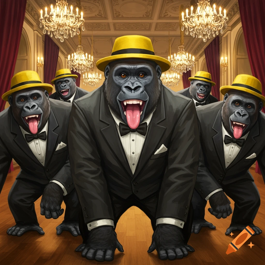 Five anthropomorphic gorillas in black dinner suits and yellow fedora hats stick out their tongues in a luxurious ballroom.