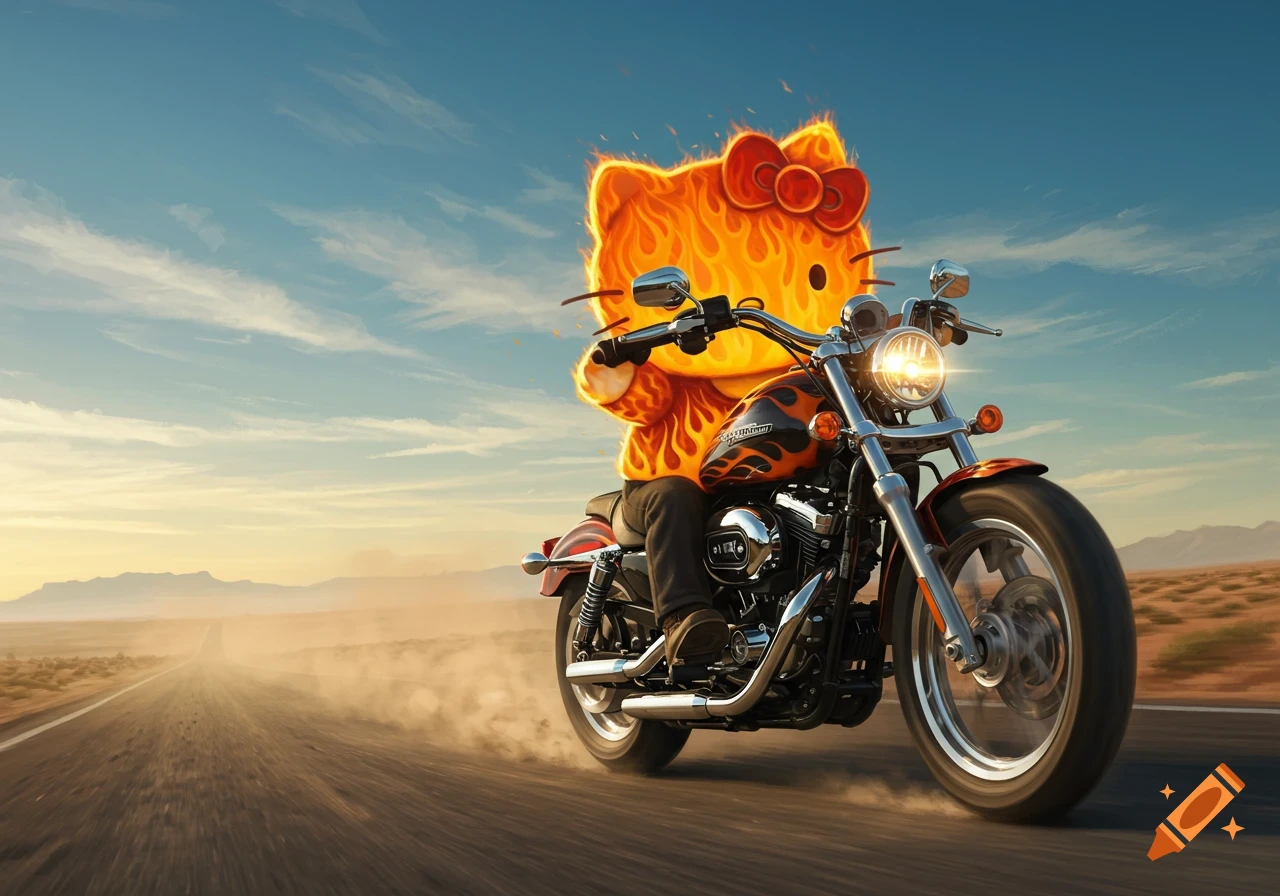 A flaming Hello Kitty riding a Harley Davidson motorcycle down a desert highway.