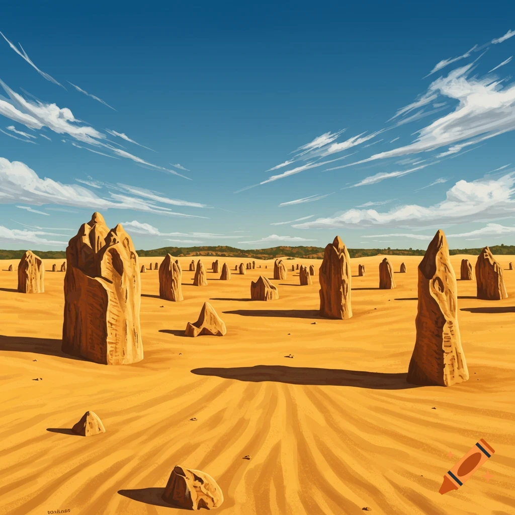 Stylized painting of a desert landscape with numerous tall, weathered rock pinnacles under a bright blue sky.