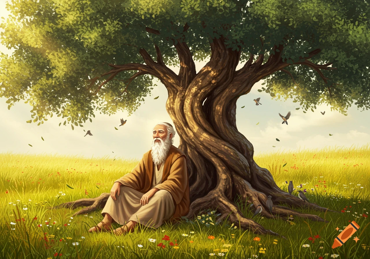 An old man with a white beard sits under a large tree in a meadow with flowers and birds in a painterly style.