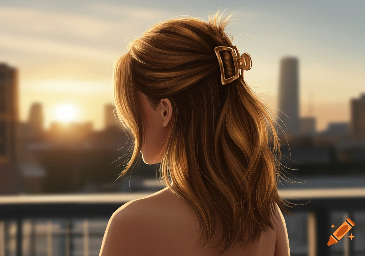 Digital art of a woman with brown hair in a claw clip, viewing a sunset city skyline.