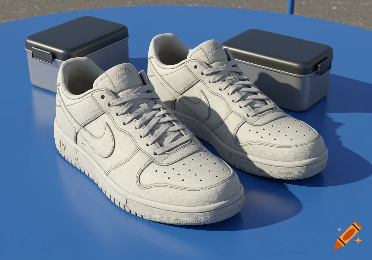 A pair of off-white Nike sneakers sits on a bright blue table next to two gray and black lunch boxes in a photorealistic style.