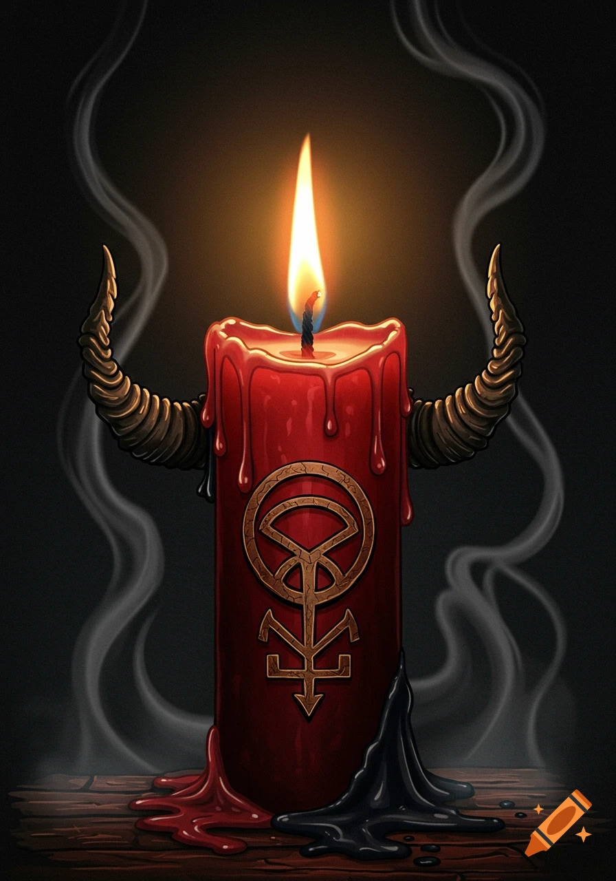 A dark gothic illustration of a red ritual candle with golden horns and an intricate occult symbol, dripping red and black wax with smoke rising.