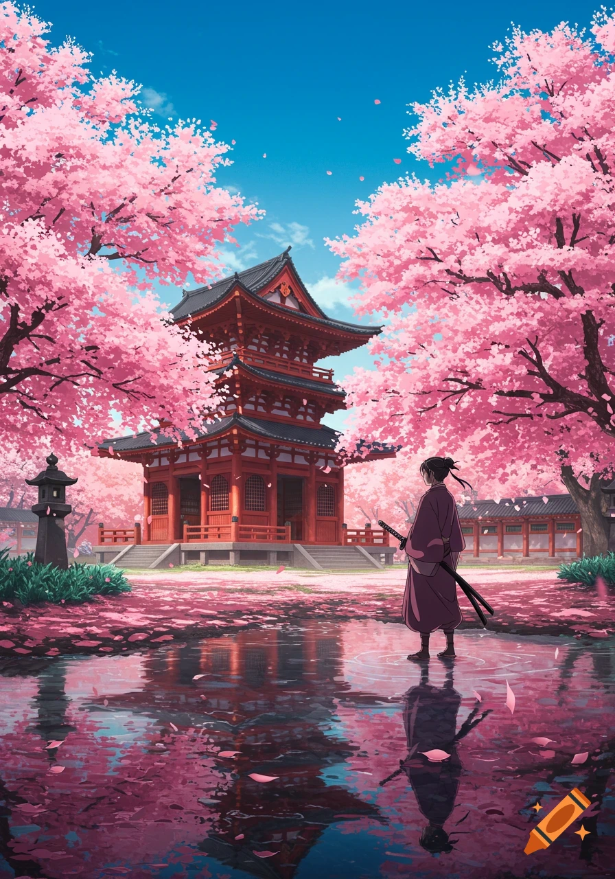 Anime warrior with a katana by a pond reflecting a Japanese temple under cherry blossoms.
