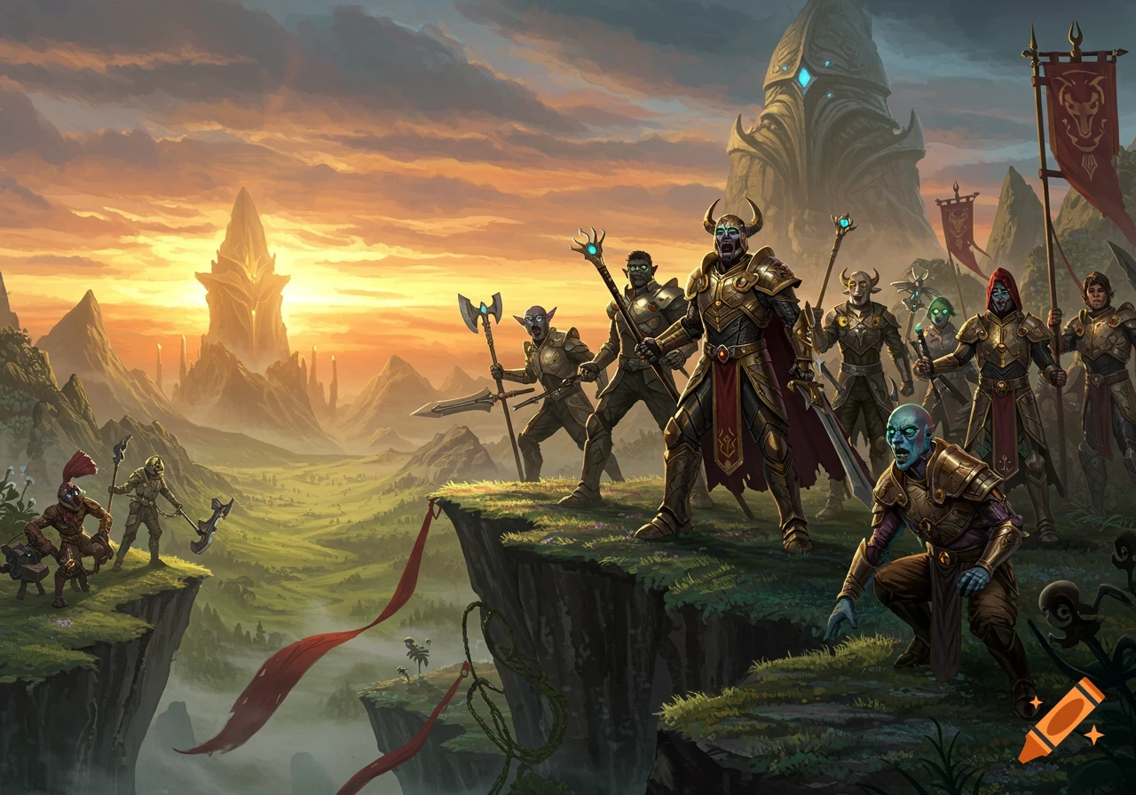 A group of fantasy warriors and creatures stand on a cliff overlooking an epic landscape with towering structures at sunset, digital art.