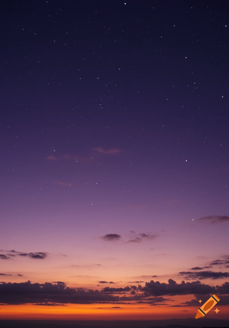 Violet evening sky with numerous stars, dark clouds, and a vibrant orange horizon.