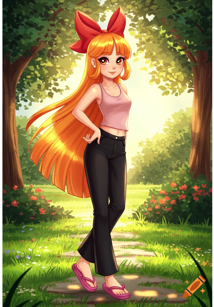 Anime-style Blossom with long orange hair and a red bow, wearing a pink tank top, black pants, and pink flip-flops, standing in a sunny park.