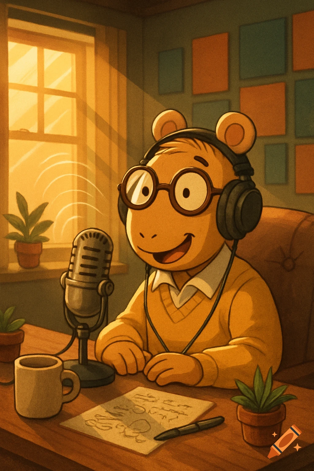 Cartoon character Arthur the aardvark wearing headphones and glasses, smiling at a microphone at a desk, bathed in warm sunlight from a window.