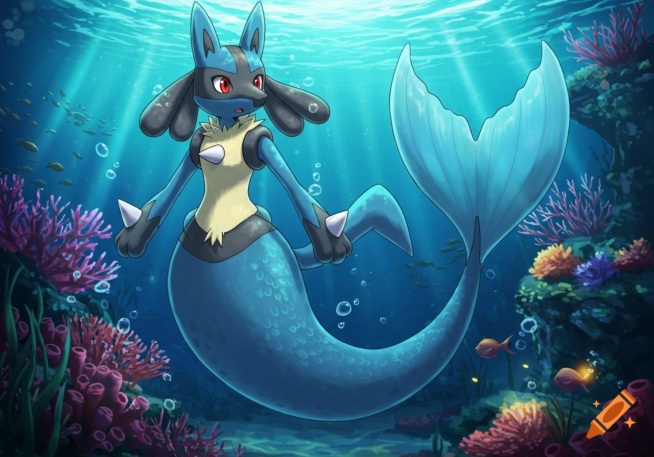 Lucario as a mermaid swimming underwater in an anime art style, surrounded by colorful coral and small fish.