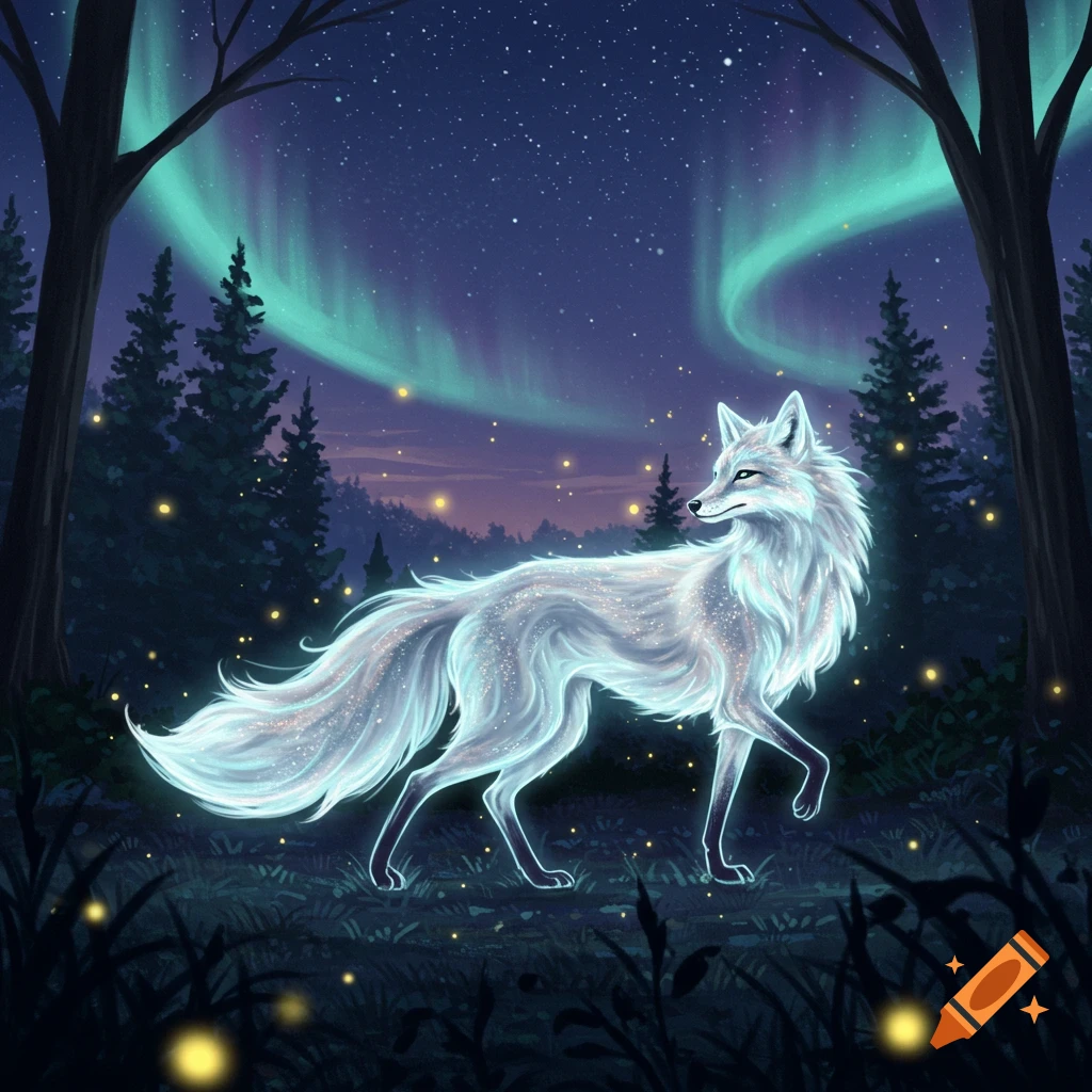 A glowing white fox with sparkling fur walks through a dark forest under a vibrant aurora borealis and starry sky.