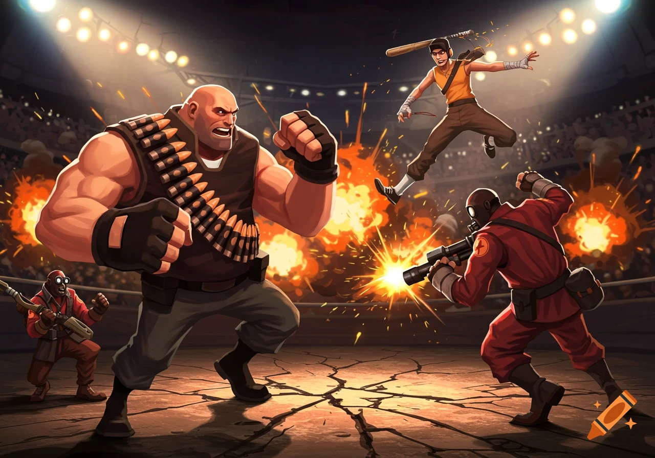 Team Fortress 2 characters, Heavy, Scout, and Pyro, fighting in a brightly lit arena with explosions in a cartoon style.