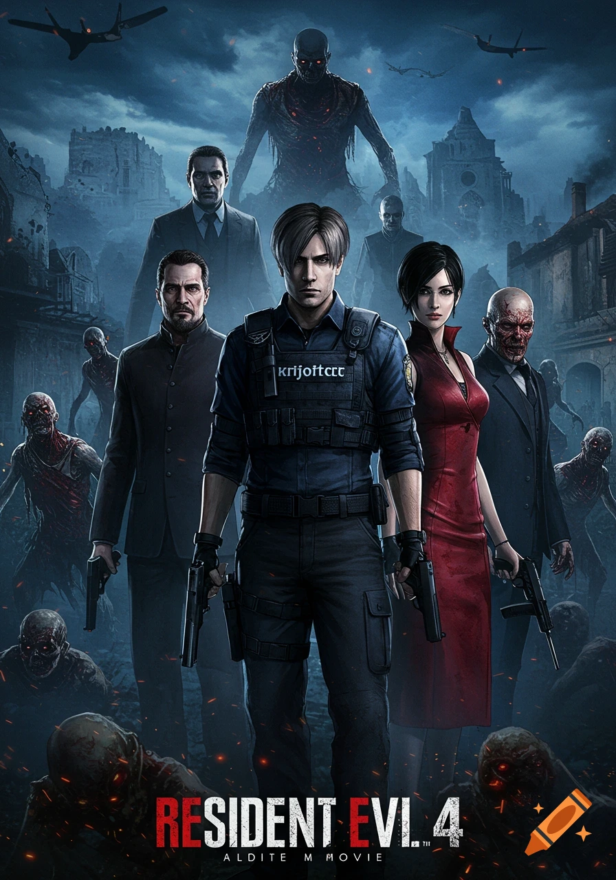 A dark movie poster featuring Leon S. Kennedy and Ada Wong with other characters, facing zombies and a large monster in a ruined village. Text reads 'RESIDENT EVIL 4'.
