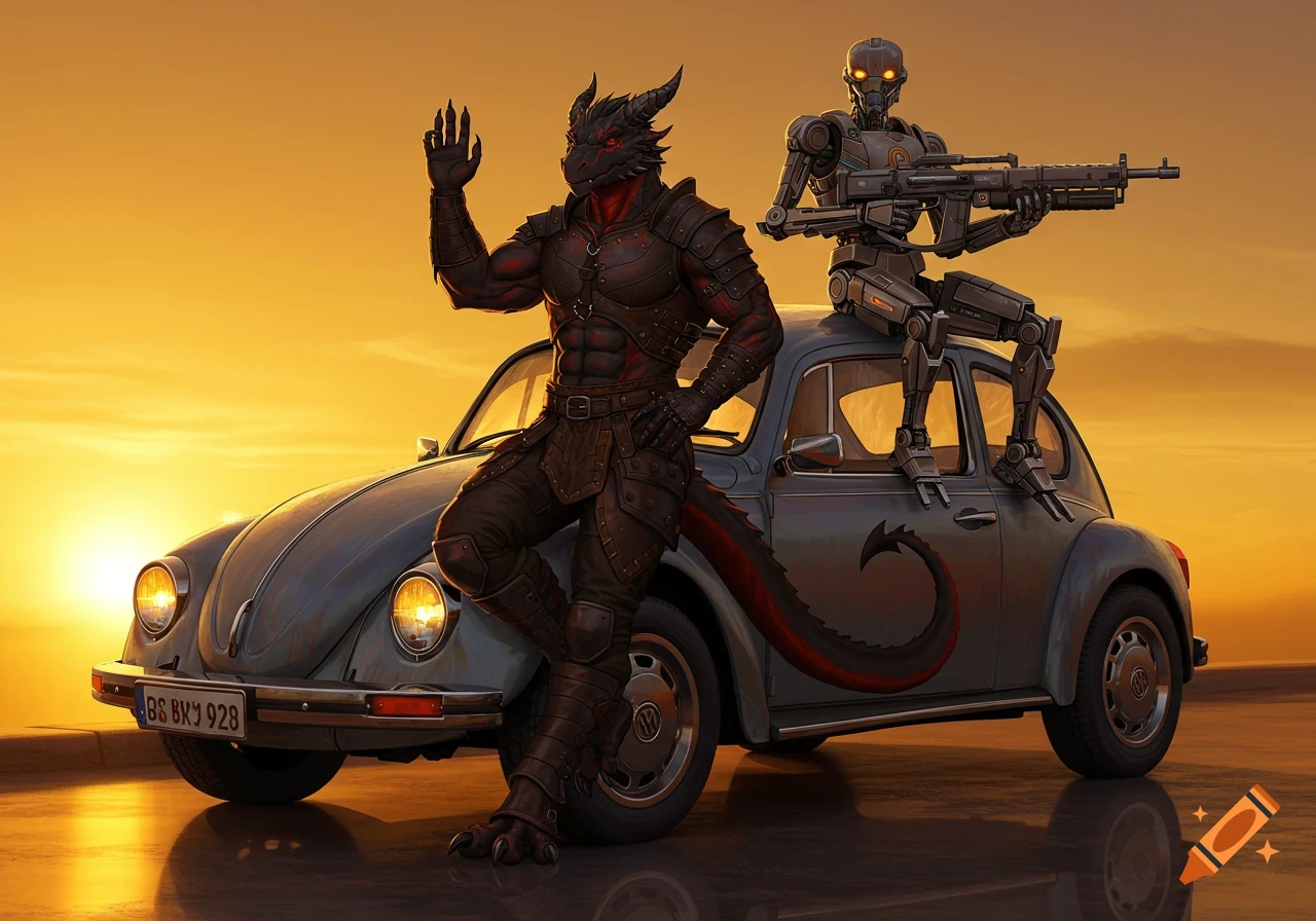 A black and red dragonborn leaning on a grey Volkswagen Beetle, waving, with a robot holding a rifle sitting on the roof at sunset.