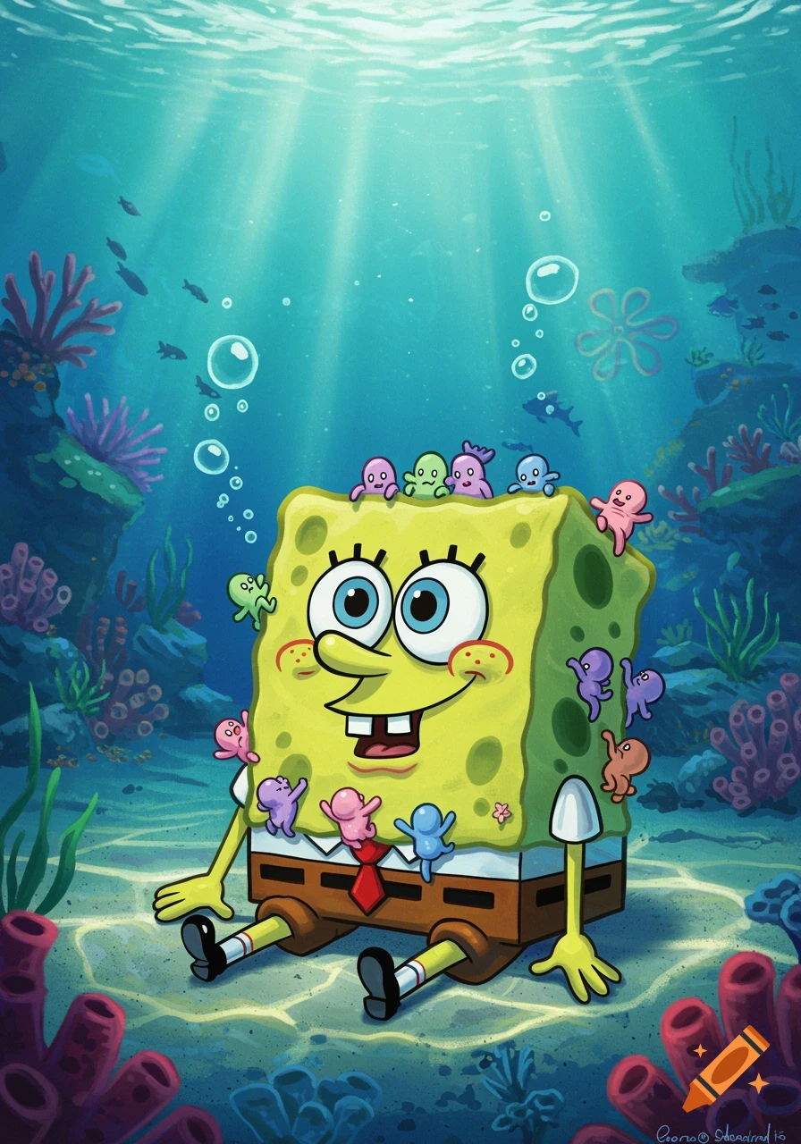 Spongebob Squarepants sits on the ocean floor, covered in tiny, colorful baby octopuses, in a vibrant cartoon style.