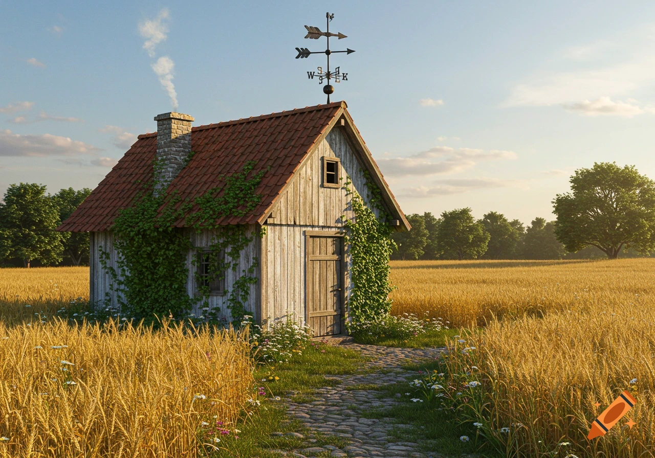 A photorealistic image of a small wooden farmhouse with a red roof and ivy in a golden wheat field, with a cobblestone path.