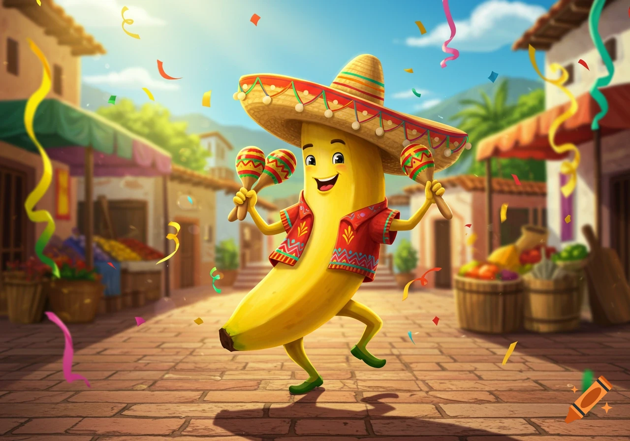 A cheerful cartoon banana wearing a sombrero and a red shirt, dancing and shaking maracas in a festive street with confetti, vibrant illustration.