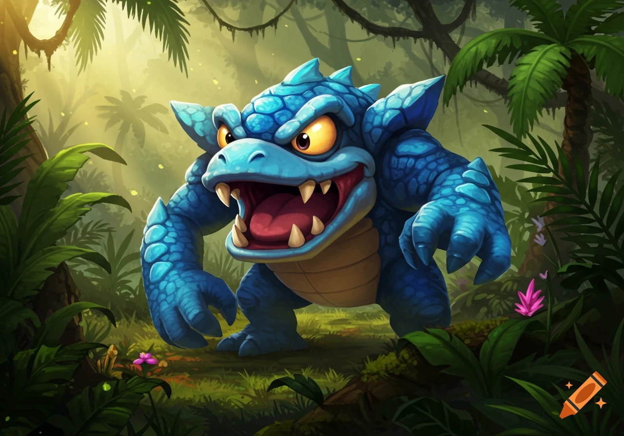 A cartoonish blue monster with sharp teeth and yellow eyes stands in a lush, vibrant jungle.