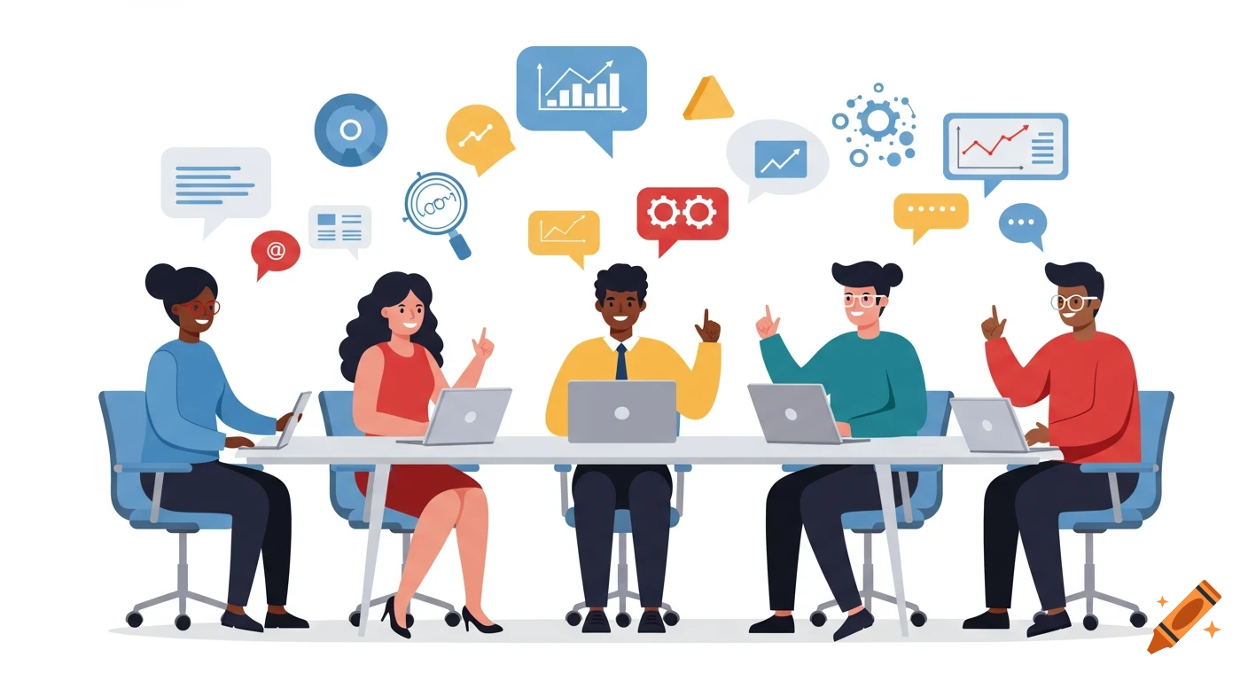 A diverse team of people working around a table with laptops, with business-themed thought bubbles above their heads, in a professional cartoon style.