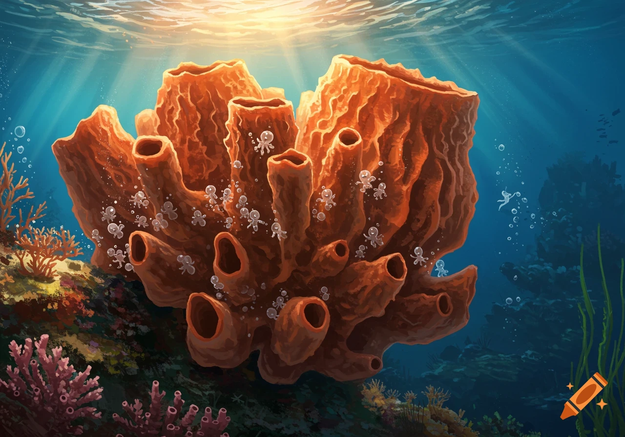 Digital illustration of a large orange tube sponge on a coral reef, with small cute baby sponges, under sunlit ocean water.