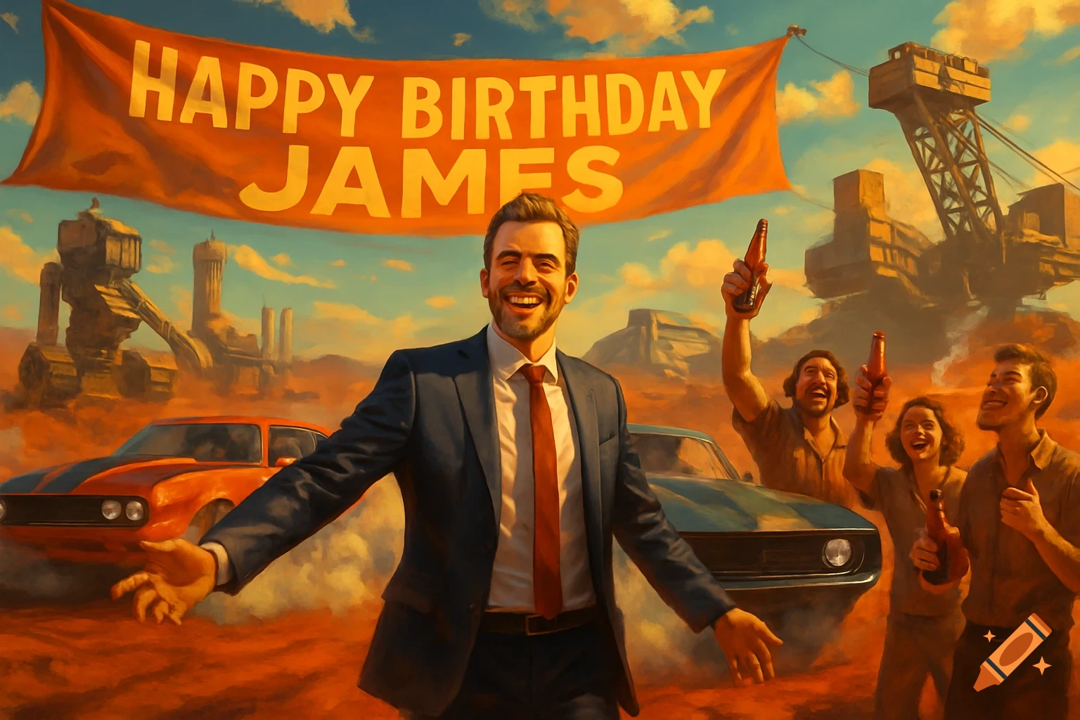 Stylized painting of a man celebrating his birthday with friends, muscle cars, and a 'Happy Birthday James' banner in a desert landscape.