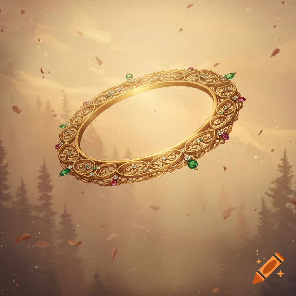 A golden, ornate medieval halo adorned with red and green gems, floating over a misty forest at sunset with falling leaves.