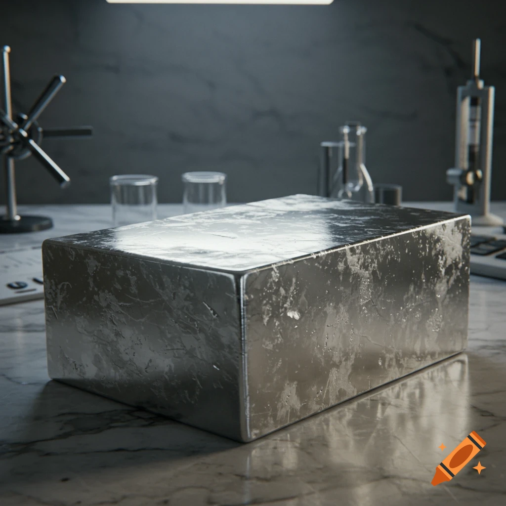 A textured, silvery metal block in a dimly lit laboratory with glassware and scientific equipment.