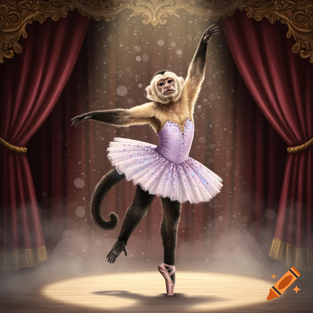 A capuchin monkey in a lavender tutu and pink pointe shoes performs ballet on a spotlighted stage with red curtains.
