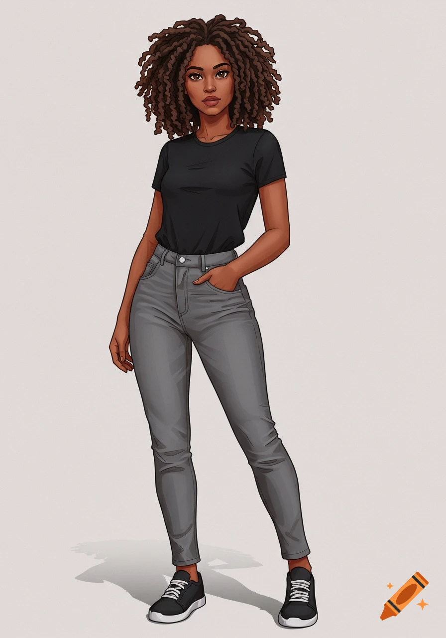 Full-body digital illustration of an African American woman with natural hair, black t-shirt, grey jeans, and sneakers.
