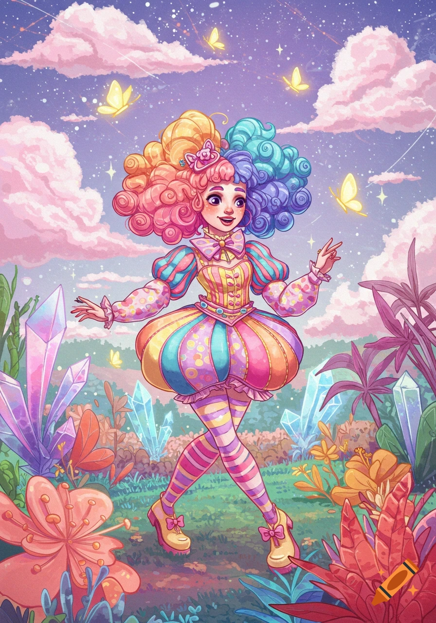 A vibrant, whimsical illustration of a girl with multi-colored curly hair in a clown-like costume, standing in a magical pastel landscape with crystals and butterflies.