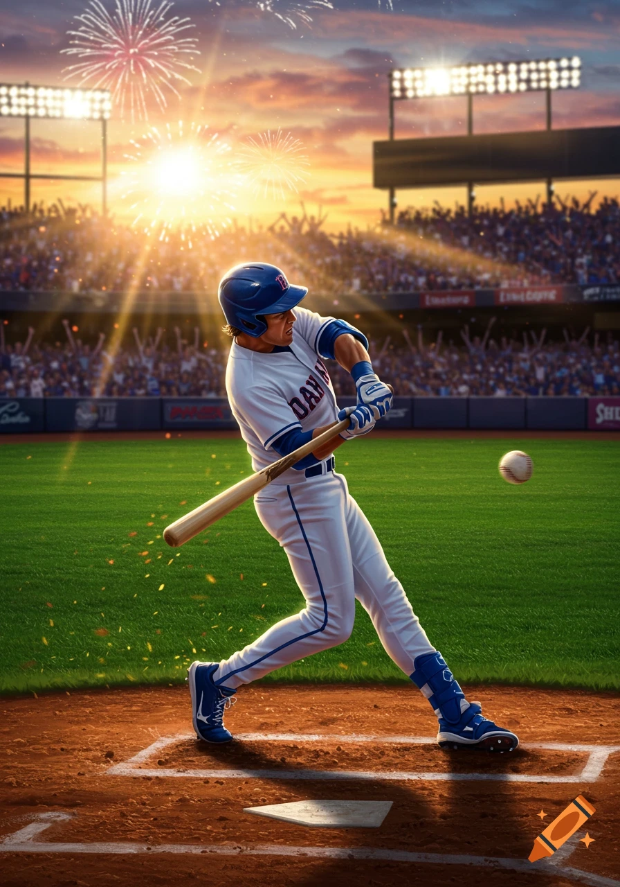 Photorealistic image of a baseball player in a white uniform hitting a ball in a stadium at sunset with fireworks.