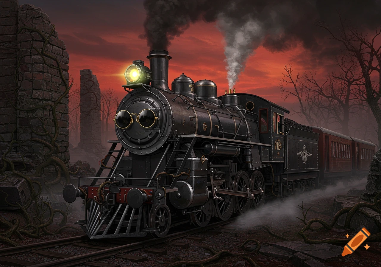A black steam train wearing round sunglasses in a gothic landscape with ruins, bare trees, and a dramatic red sky.