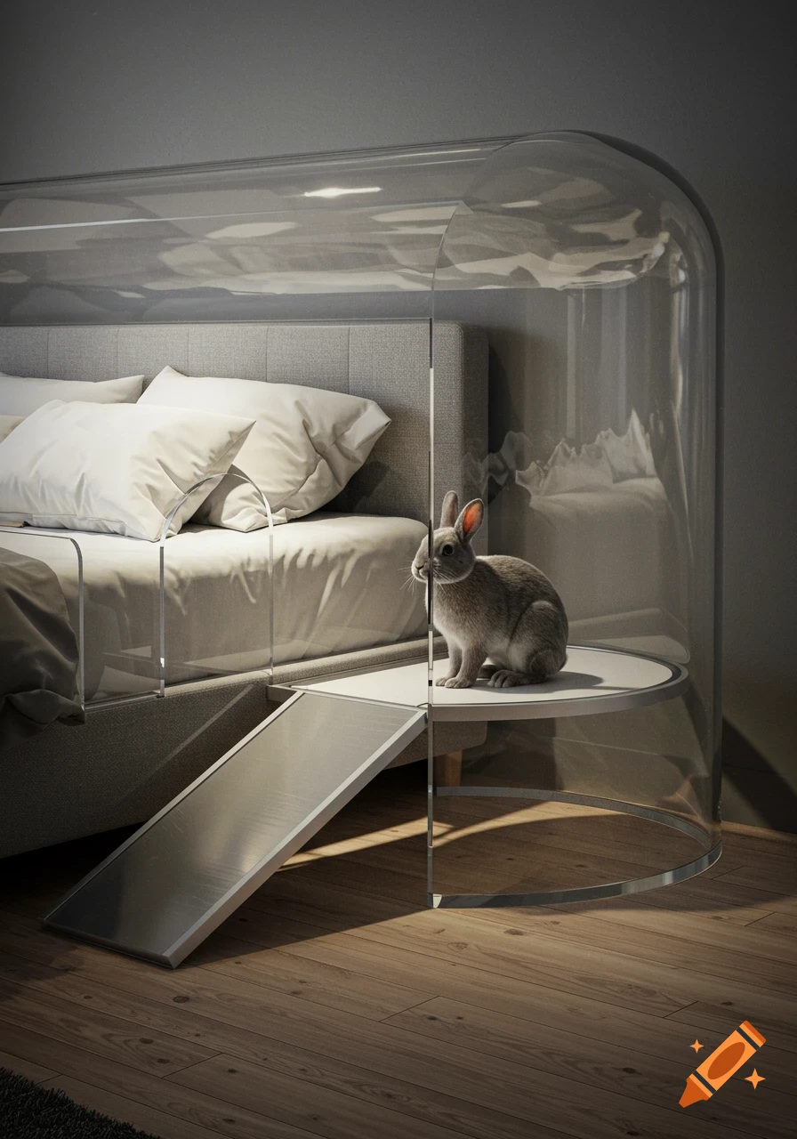 A grey rabbit sits on a platform inside a clear plastic enclosure with a ramp connected to a modern bed in a dim bedroom.