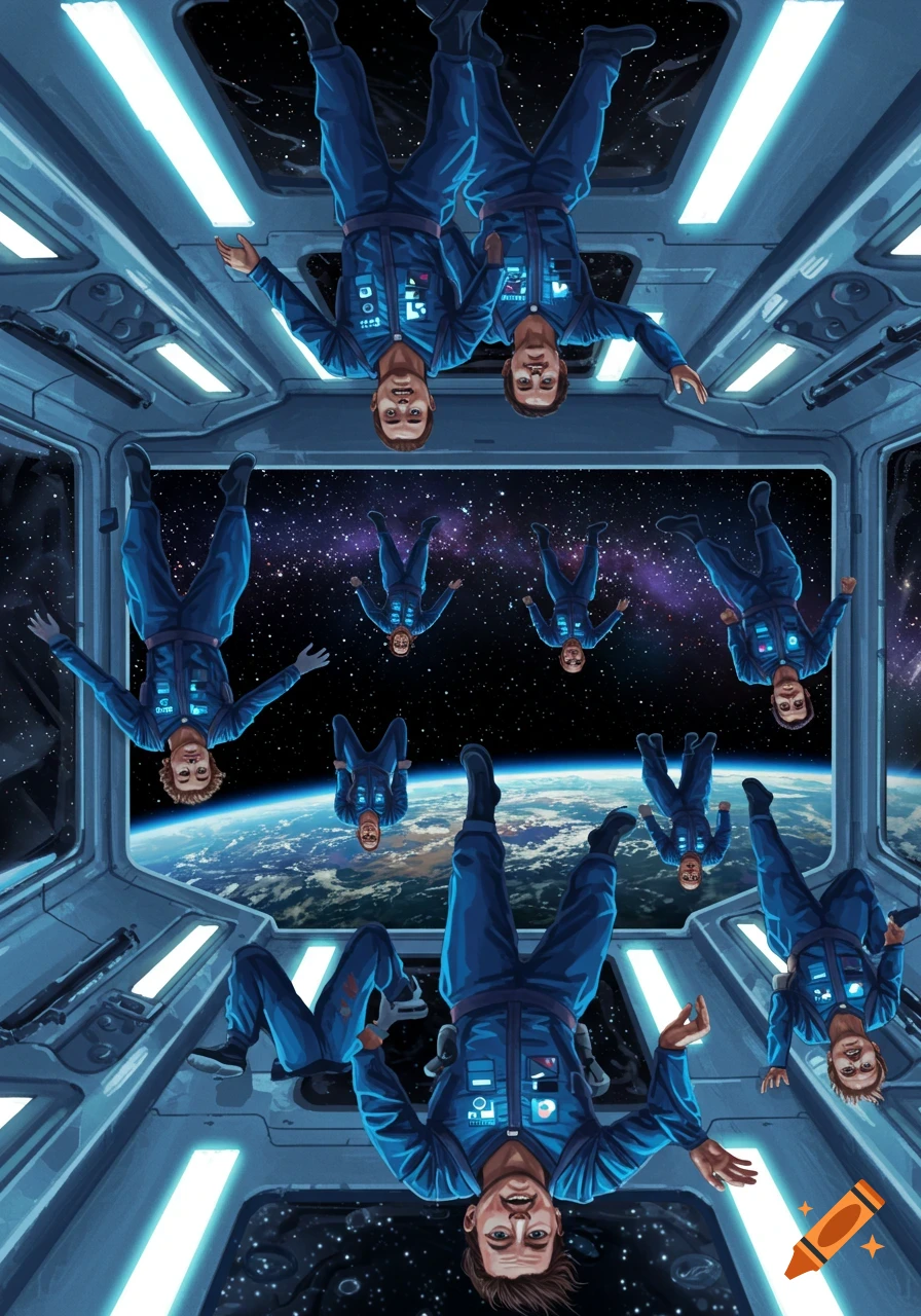 Illustration of multiple astronauts floating upside down inside a spaceship, gazing out a window at Earth and the starry cosmos.
