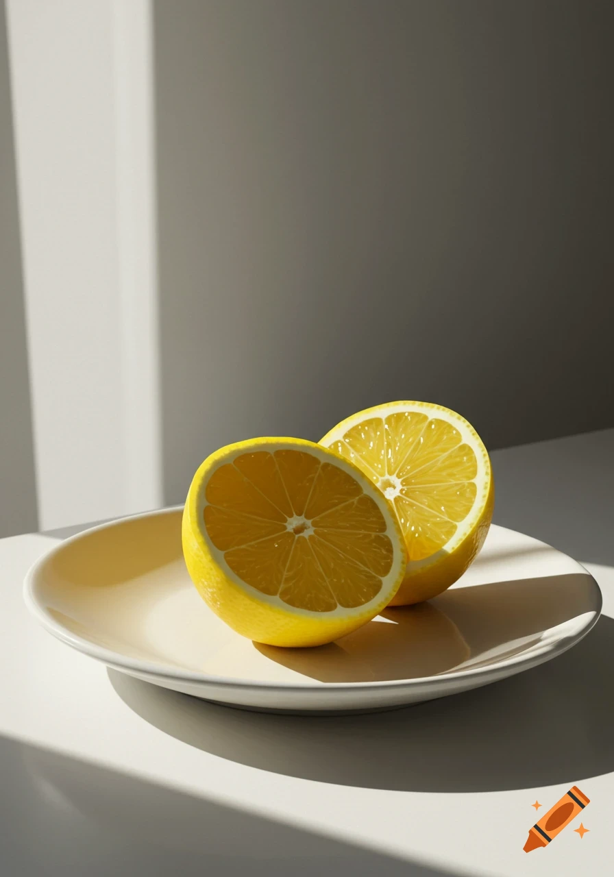 Two yellow lemon halves on a white plate, brightly lit with shadows. Photorealistic.