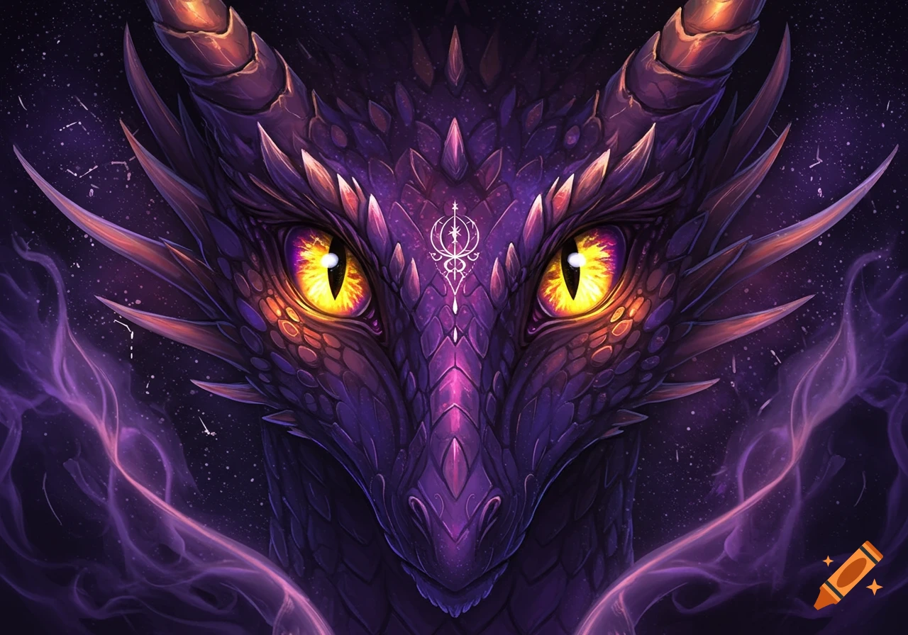 Close-up of a majestic purple dragon's face with bright yellow eyes, detailed scales, and a mystical symbol on its forehead, against a starry, smoky dark background.