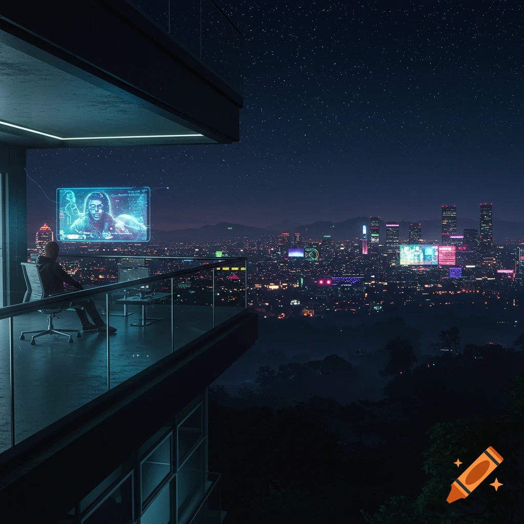 A person sits on a modern balcony overlooking a vibrant cyberpunk city at night, with a large holographic screen.